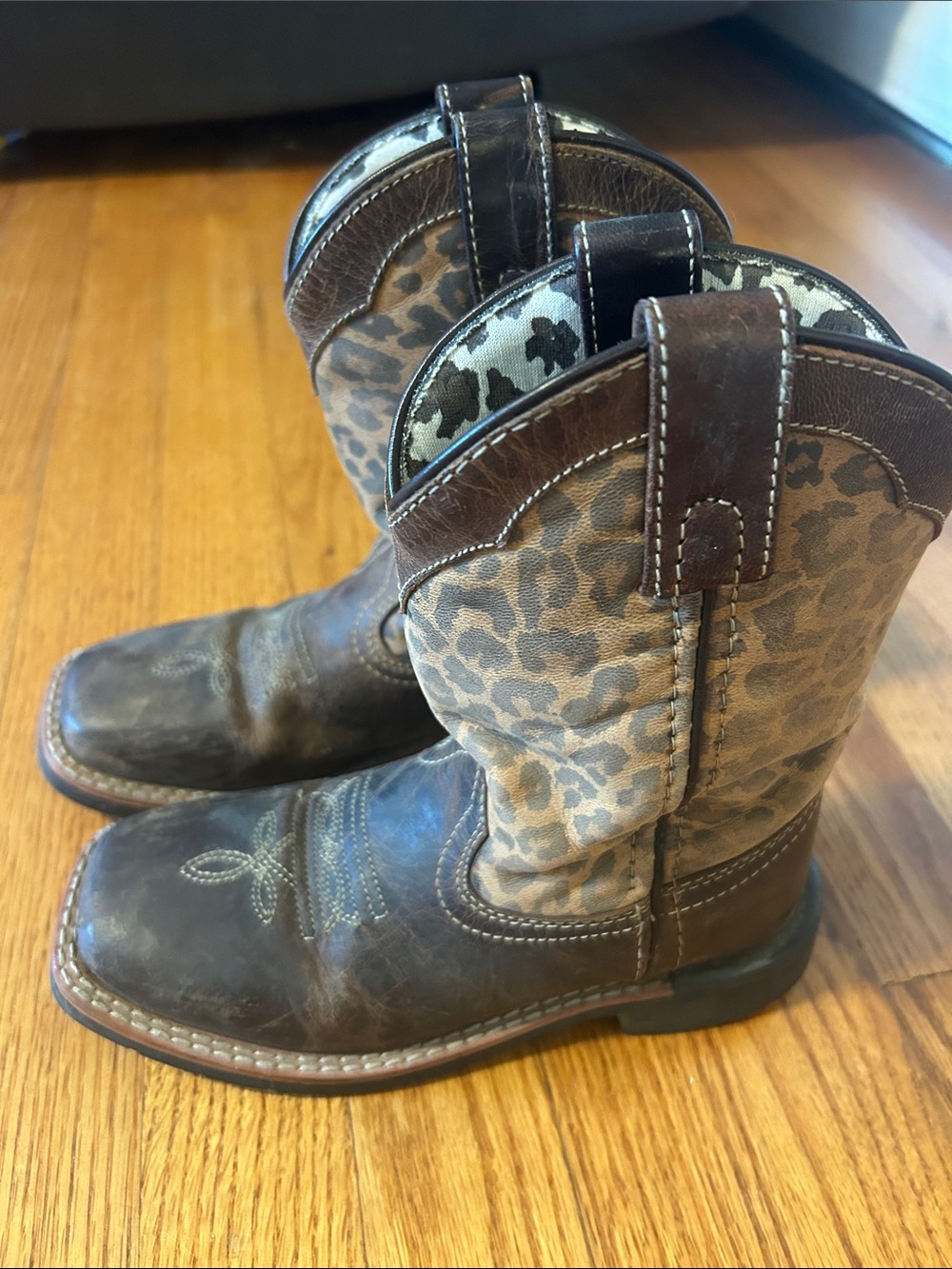 Dan Post Brown Leather & Leopard Print Cowboy Boots size 1 kids children girls